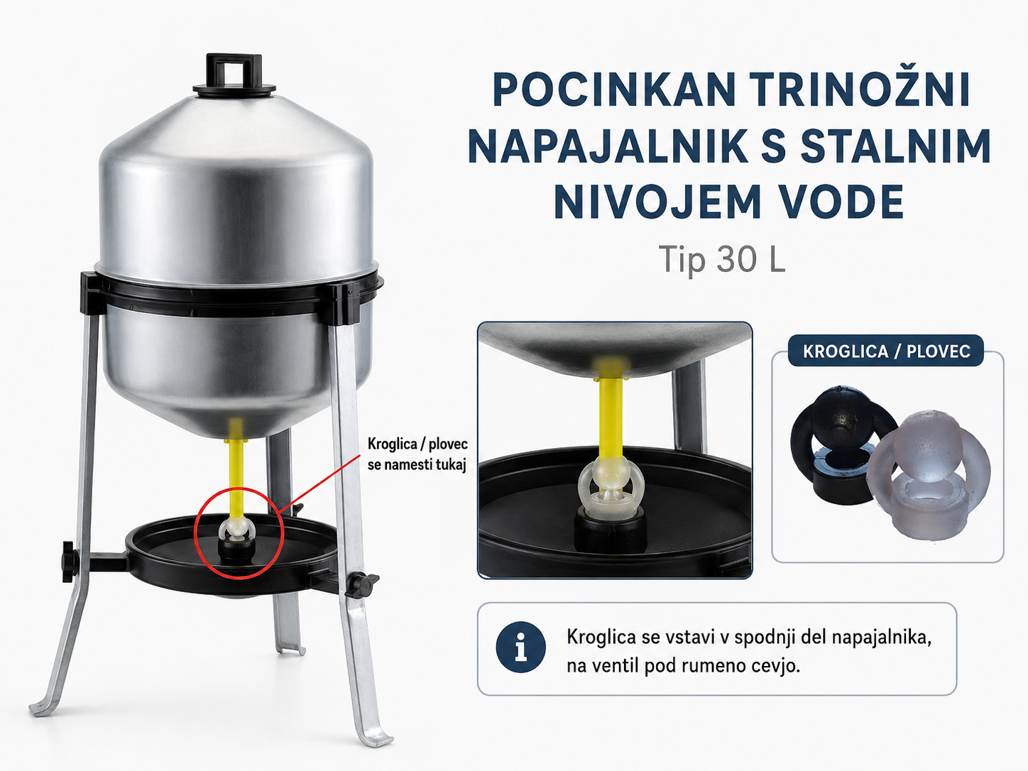 Robusten kovinski napajalnik za približno 20 do 30 kokoši z gravitacijskim sistemom in stabilnim trinožnim stojalom.