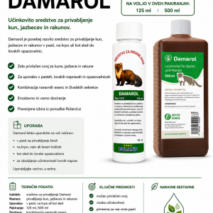 Tekoča vaba Damarol za privabljanje kun, jazbecev in rakunov v živolovke, na voljo v pakiranju 125 ml ali 500 ml