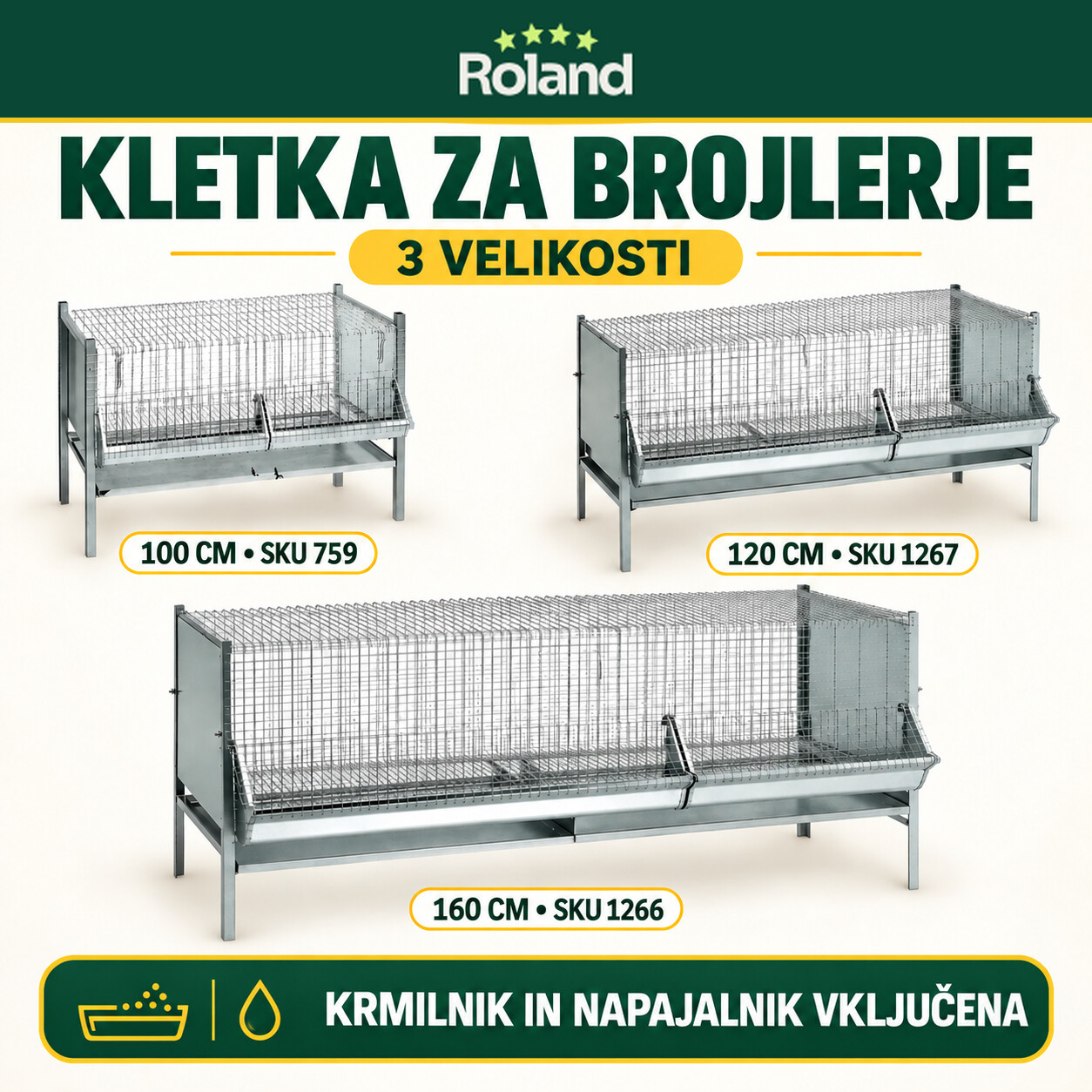 Tri pocinkane kletke za brojlerje različnih velikosti z vključeno opremo za hranjenje in napajanje