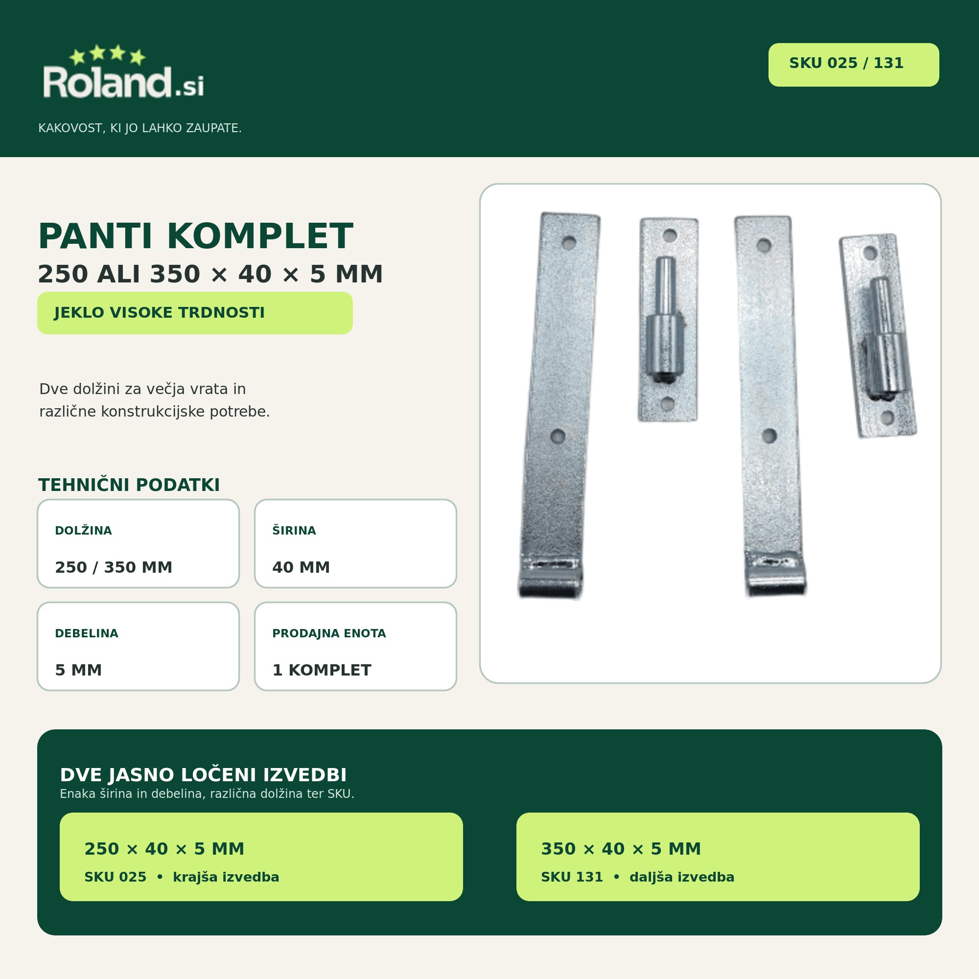 Jekleni panti komplet 250 × 40 × 5 mm SKU 025 in 350 × 40 × 5 mm SKU 131 za večja vrata
