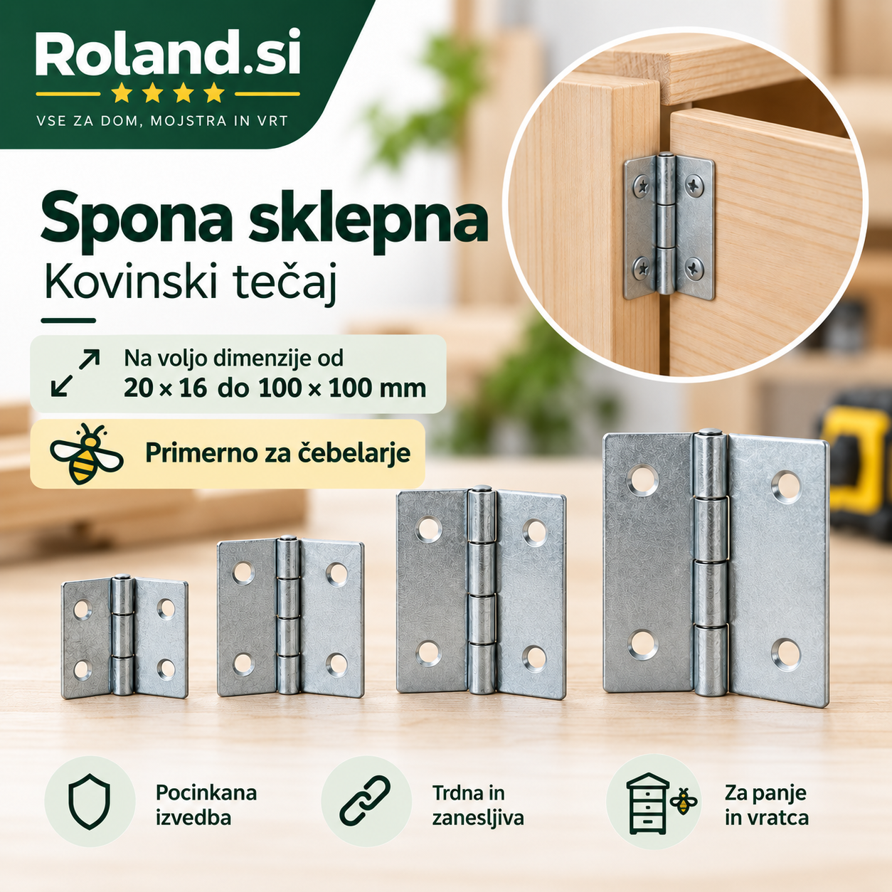 Pocinkana sklepna spona oziroma kovinski tečaj za vratca, pokrove, čebelje panje in lesene konstrukcije