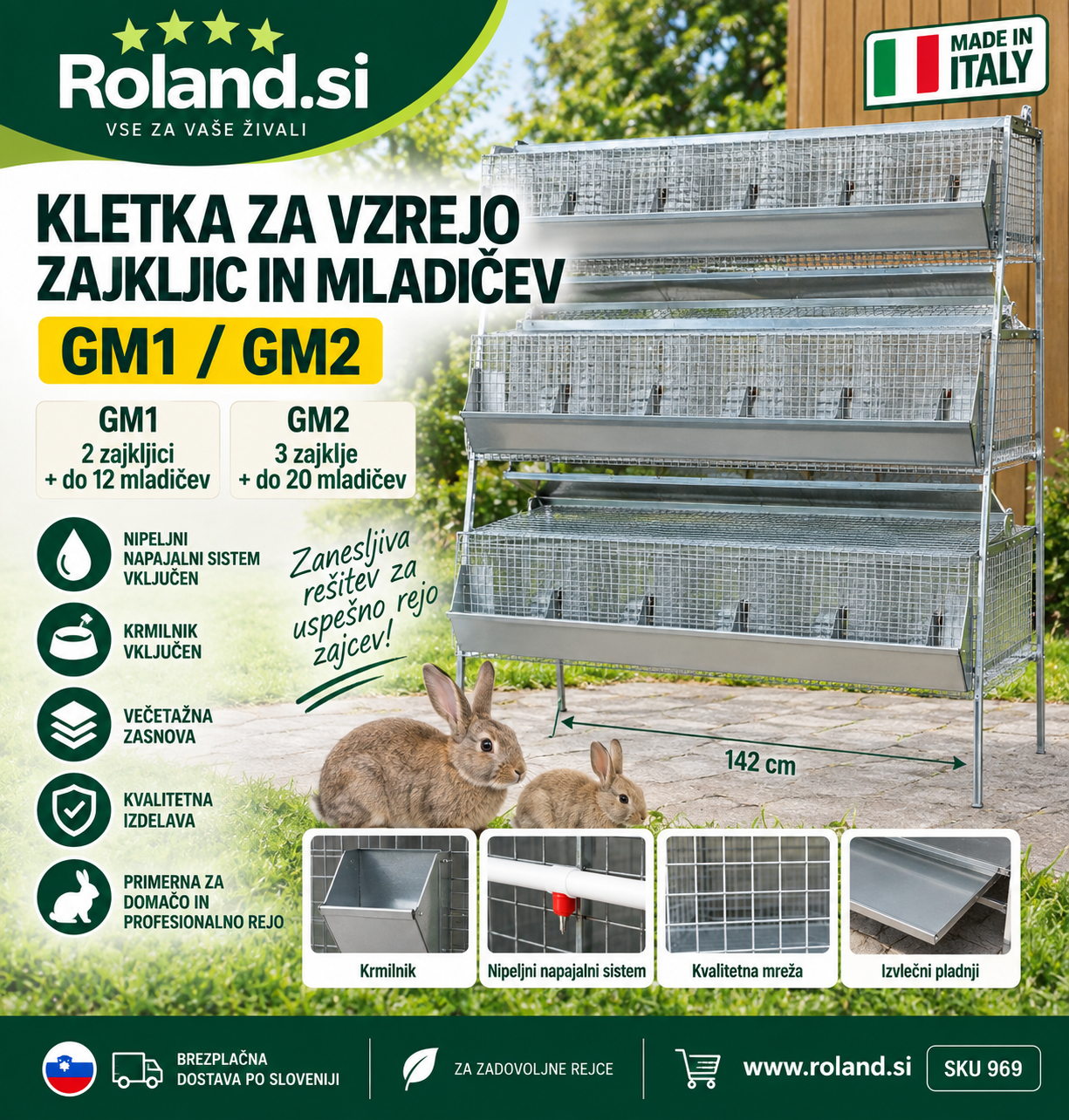 Kletka GM1 za vzrejo 2 zajkljic in do 12 mladičev z gnezdi ter nipeljnim napajalnim sistemom