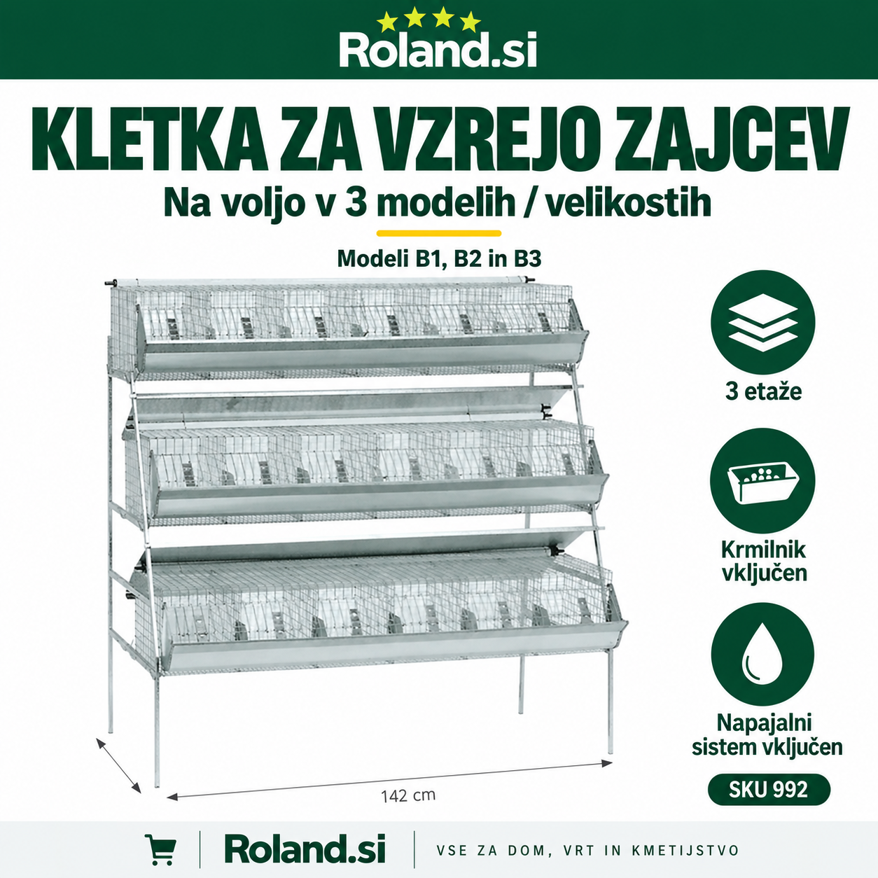 Kletka za vzrejo zajcev z modeli B1, B2 in B3 ter vključena napajalni sistem in krmilnik