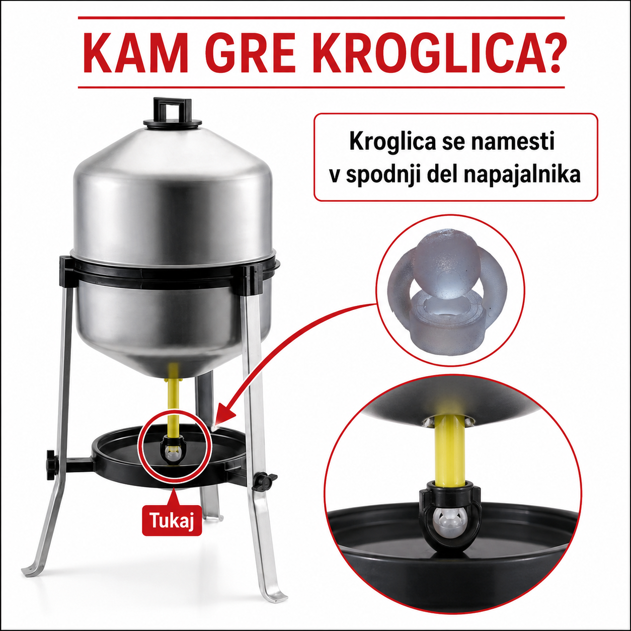 Nadomestna zapiralna kroglica za galvanizirani nivojski napajalnik s prostornino 30 litrov