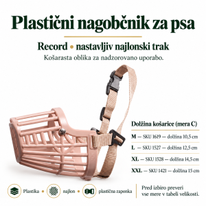 Tabela mer nagobčnika Record: M SKU 1619, L SKU 1527, XL SKU 1528 in XXL SKU 1421 s skico mer A–E