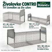 Tri živolovke CONTRO z enim ali dvema vhodoma, prikazane z merami in namenom uporabe