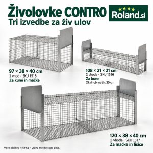 Tri živolovke CONTRO z enim ali dvema vhodoma, prikazane z merami in namenom uporabe