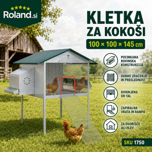 Dvignjena pocinkana kletka za kokoši z mrežasto konstrukcijo, pokrito streho, zapiralnimi vrati in dostopno rampo. Primerna je za pregledno in zračno namestitev manjše jate na dvorišču, v hlevu ali gospodarskem objektu.