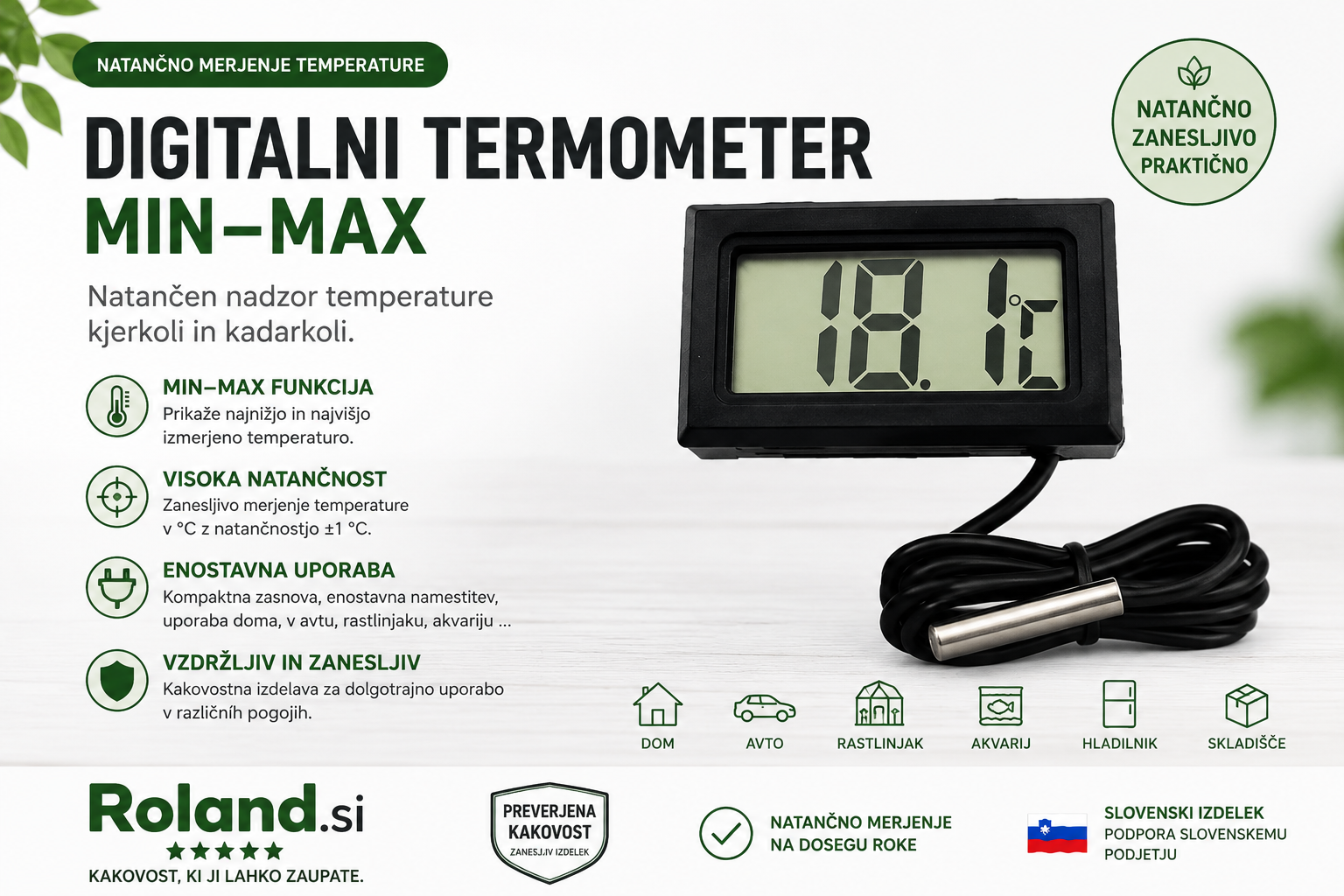 Digitalni MIN/MAX termometer z LCD-zaslonom za prikaz trenutne, najnižje in najvišje zabeležene temperature