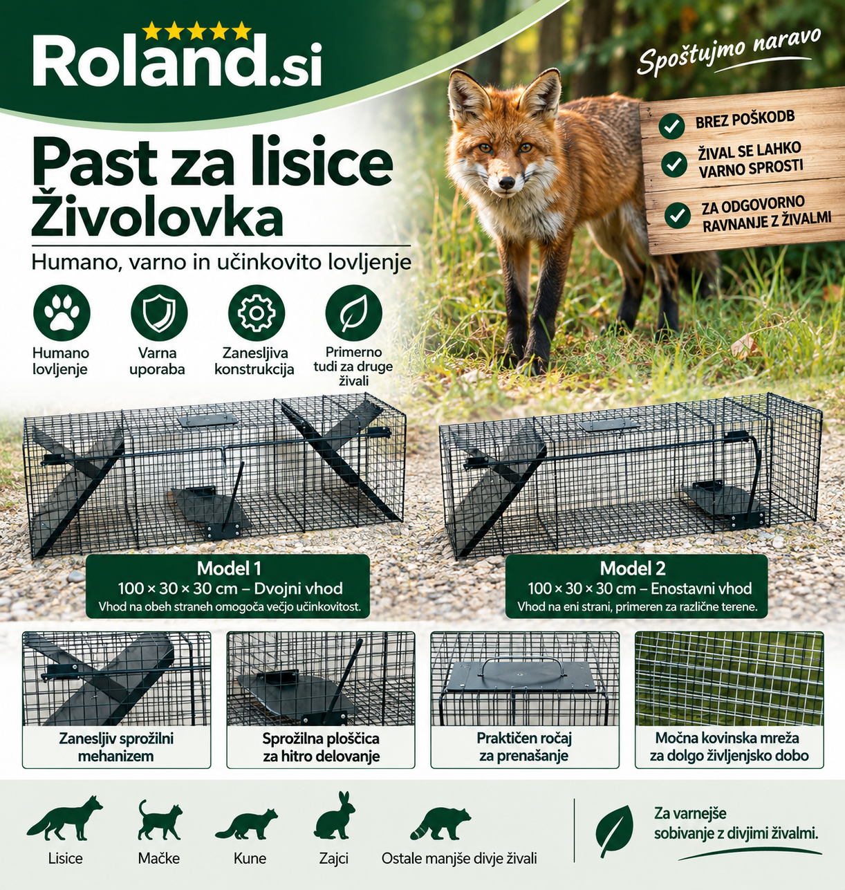 Past za lisice oziroma kovinska živolovka 100 × 30 × 30 cm z enojnim ali dvojnim vhodom