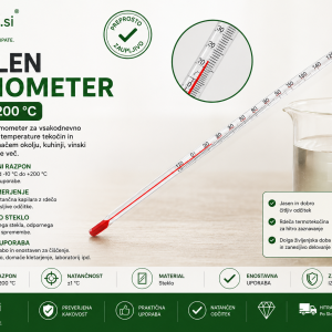 Stekleni termometer od –10 do +200 °C z odprtino za obešanje
