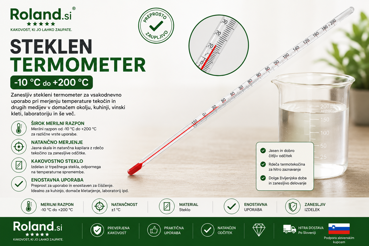 Stekleni termometer od –10 do +200 °C z odprtino za obešanje