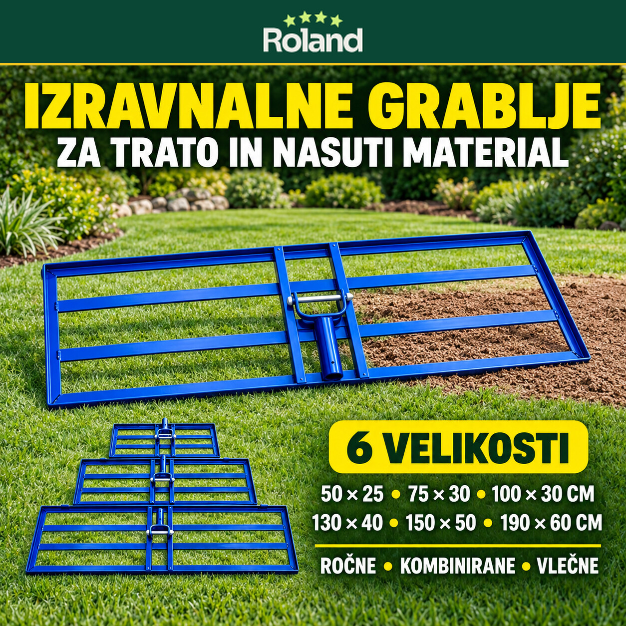 Izravnalne grablje za trato v šestih velikostih