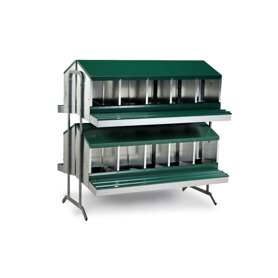 Gnezditveni boks s plastičnim dnom in 16 predelki gnezda za kokoši – organizirano, čisto in učinkovito zbiranje jajc v kurniku.