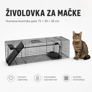 Kovinska živolovka za mačke 75 × 30 × 30 cm z avtomatskim zapiranjem vrat in sprožilno ploščo za humano zajemanje