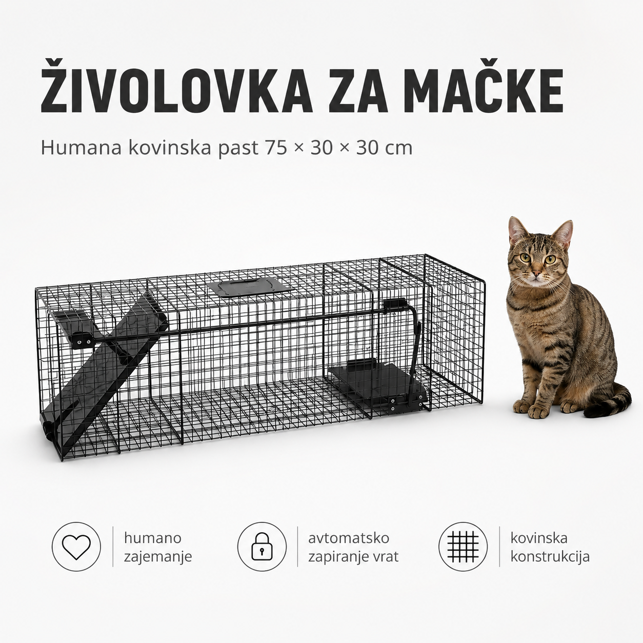 Kovinska živolovka za mačke 75 × 30 × 30 cm z avtomatskim zapiranjem vrat in sprožilno ploščo za humano zajemanje