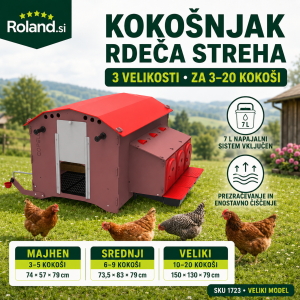 Kokošnjak Rdeča streha iz odpornih recikliranih materialov za domačo rejo od 3 do 20 kokoši, na voljo v treh velikostih z vključenim 7-litrskim napajalnim sistemom, prezračevanjem in konstrukcijo za preprostejše čiščenje.