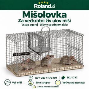 Mišolovka za večkratni ulov s tremi živimi mišmi na dnu kletke, zgornjim vhodom in preklopno loputo