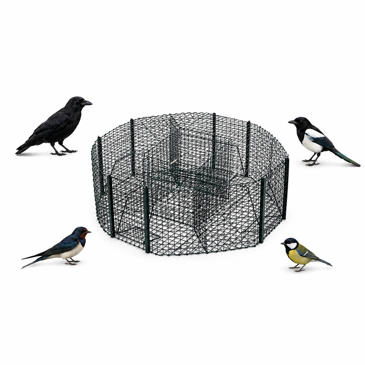 Kletka past – živolovka za lov na ptice 96 × 83 × 32 cm za human ulov srak, vran, golobov, škorcev in vrabcev.