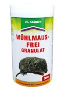 Granulat proti voluharicam Dr. Stähler – paket 300 g z navodili za uporabo proti voluharicam.Na sliki so granule 300 g proti voluharjem za uporabo na vrtovih, tratah, sadovnjakih in drugih zunanjih površinah.