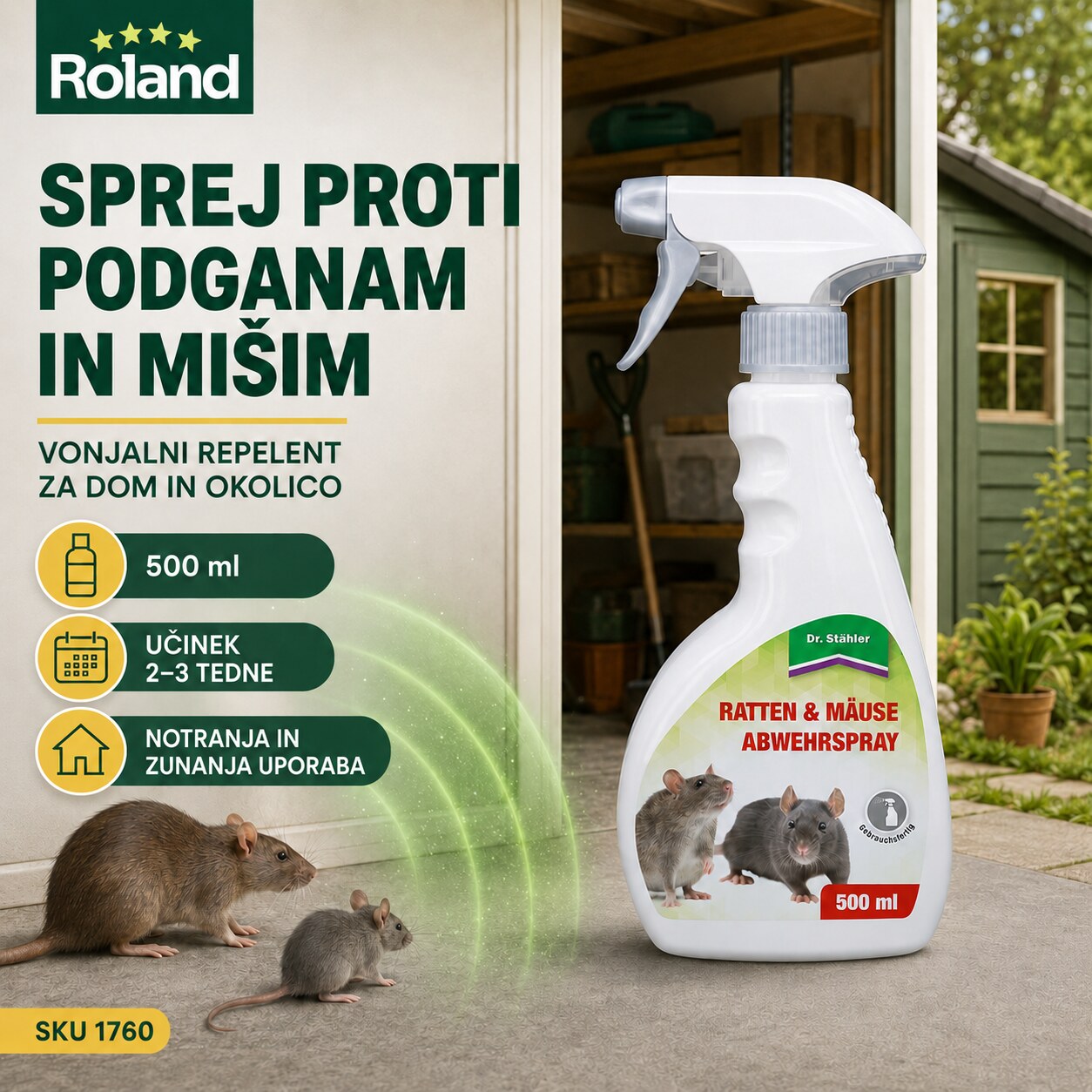 Sprej proti podganam in mišim Dr. Stähler 500 ml za odvračanje glodavcev v notranjih in zunanjih prostorih – Roland.si