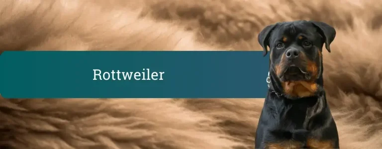 Rottweiler stoji pred mehkim rjavim ozadjem, ob njem je moder pas z napisom Rottweiler.