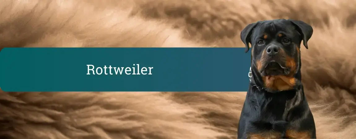 Rottweiler stoji pred mehkim rjavim ozadjem, ob njem je moder pas z napisom Rottweiler.