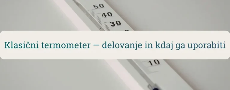 Klasični analogni termometer z vidno merilno skalo – prikaz merjenja temperature brez baterij.