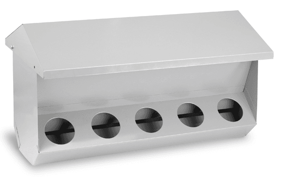 Krmilnik za zajce s pokrovom in 5 odprtinami – kovinski sistem za organizirano hranjenje zajcev.