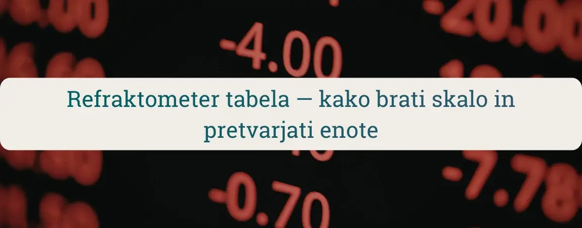 Refraktometer tabela z naslovom “kako brati skalo in pretvarjati enote” na zamegljenem ozadju rdečih številk meritev.