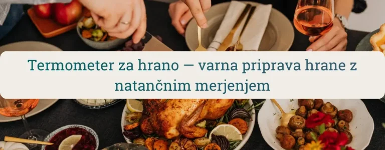 Pogrinjena miza z zapečenim piščancem in prilogami, ob njem roke postrežejo hrano – naslov »Termometer za hrano – varna priprava hrane z natančnim merjenjem«.