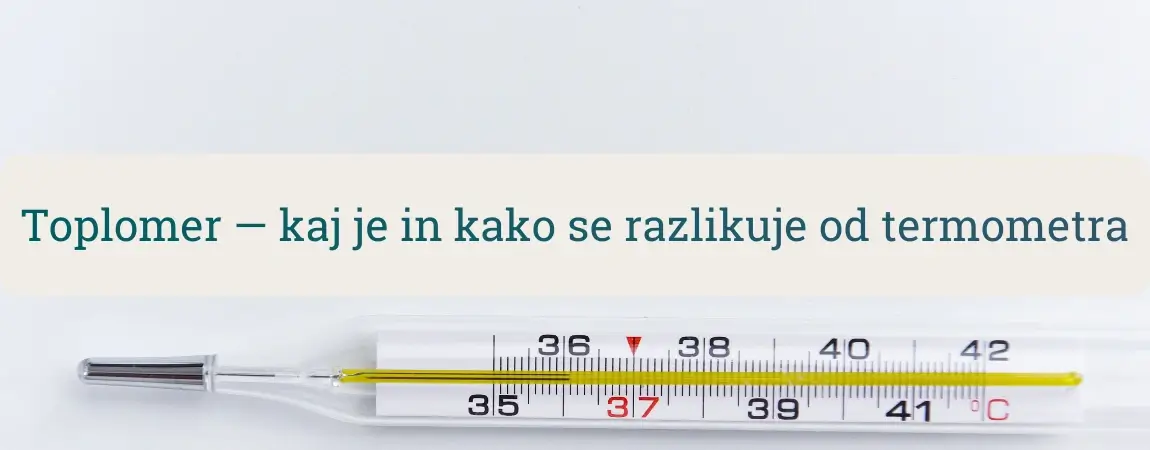 Stekleni toplomer (klasični termometer) z merilno lestvico 35–42 °C – prikaz temperature za razlago razlike med toplomerom in termometrom.