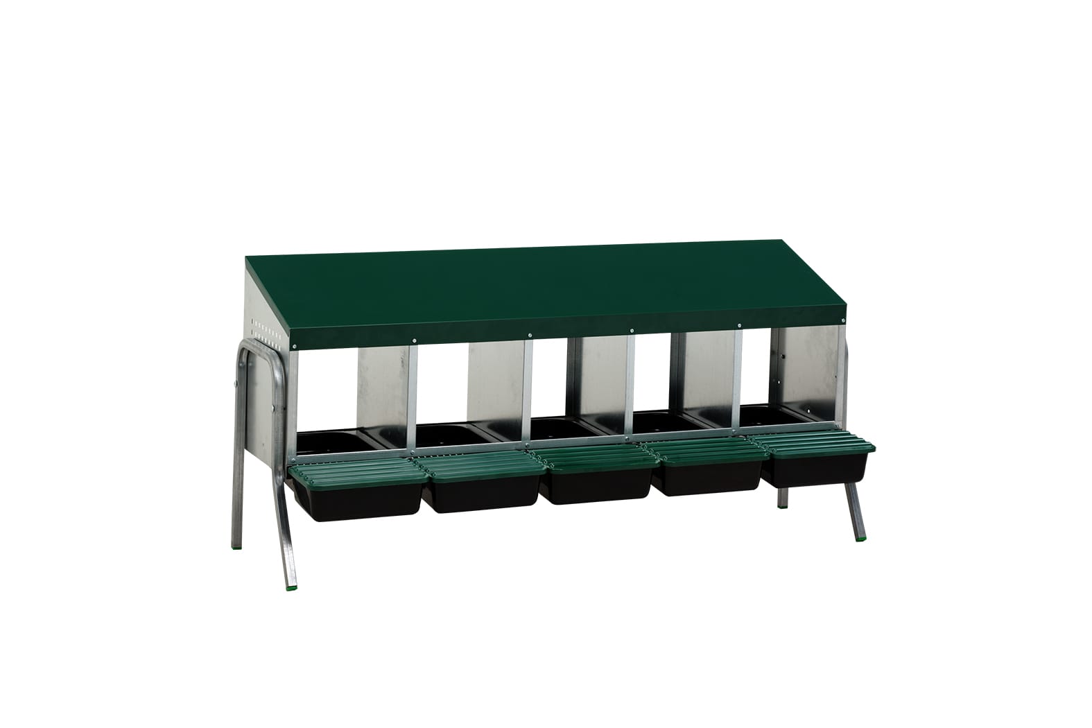 Prostorna gnezdilnica za kokoši s petimi ločenimi predelki, plastičnim dnom in nogami za bolj urejeno nesenje jajc ter bolj funkcionalen kokošnjak.