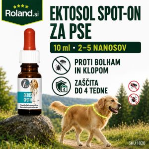 Ektosol Spot-On repelent za pse v 10 ml steklenički za dva do pet nanosov, namenjen zaščiti psa pred bolhami in klopi z učinkom do približno štiri tedne.