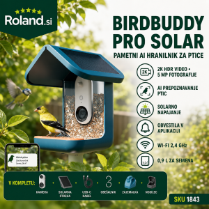 Birdbuddy PRO Solar pametni hranilnik za ptice z 2K HDR kamero, fotografijami 5 MP, AI prepoznavanjem ptic, solarno streho in mobilno aplikacijo