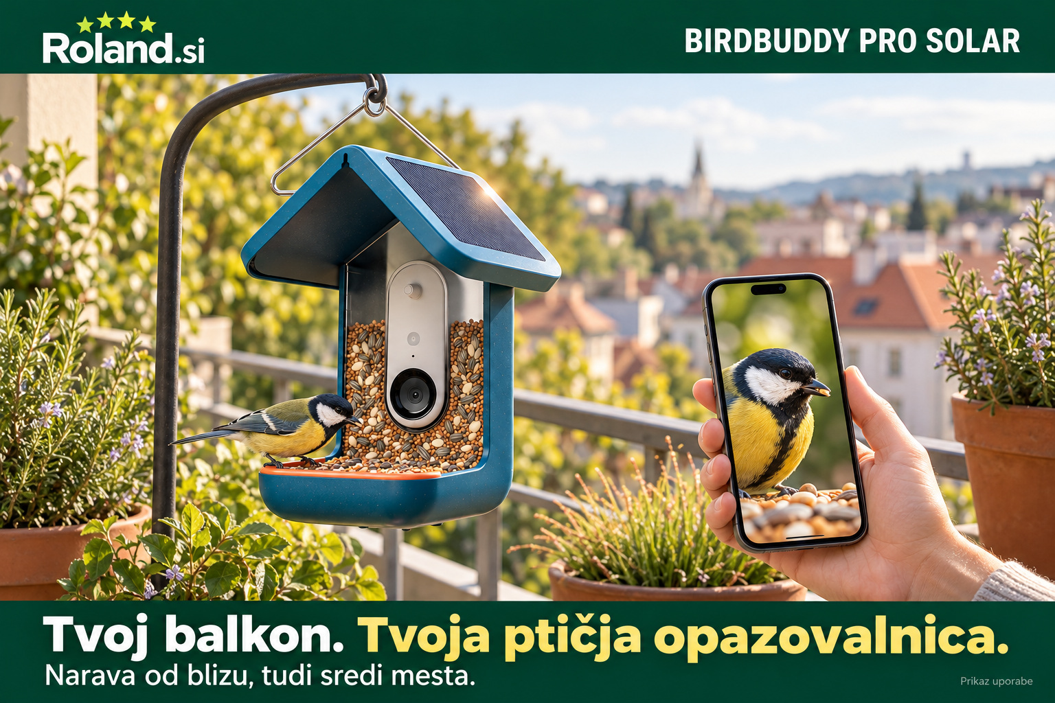 Birdbuddy PRO Solar je pametna krmilnica za ptice z 2K HDR kamero, fotografijami do 5 MP, solarno streho in aplikacijo za pregled obiskov. Na vrtu, terasi ali primernem balkonu ti približa svet ptic ter omogoči shranjevanje in deljenje najlepših posnetkov. Izvirno darilo za ljubitelje narave, ptic in fotografije. Napredne funkcije aplikacije so odvisne od izbranega paketa.