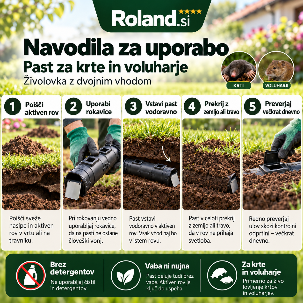 Past za krte in voluharje je dvosmerna cevna živolovka za namestitev neposredno v aktiven podzemni rov. Ima 2 vhoda, 2 kontrolni odprtini in možnost nastavitve treh dolžin. Deluje brez elektrike, baterij, strupov ali kemičnih sredstev ter je primerna za večkratno uporabo.