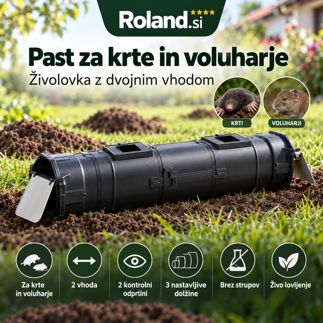 Dvosmerna živolovna past za krte in voluharje z dvema vhodoma in kontrolnima odprtinama.