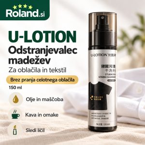 U-LOTION 150 ml je čistilo v pršilu za lokalno obdelavo madežev na oblačilih in tekstilu. Namenjeno je madežem hrane, kave, maščobe in ličil, kadar želiš očistiti samo umazani predel. Nanesi majhno količino, nežno obriši in pusti, da se posuši. Pred uporabo naredi preizkus na skritem delu tkanine.