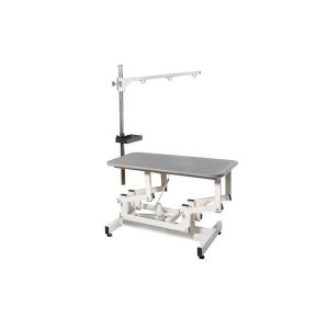 Profesionalna električna miza za grooming psov in mačk z daljinskim upravljanjem, nastavljivo višino 65–97 cm in površino 107 × 60 cm.