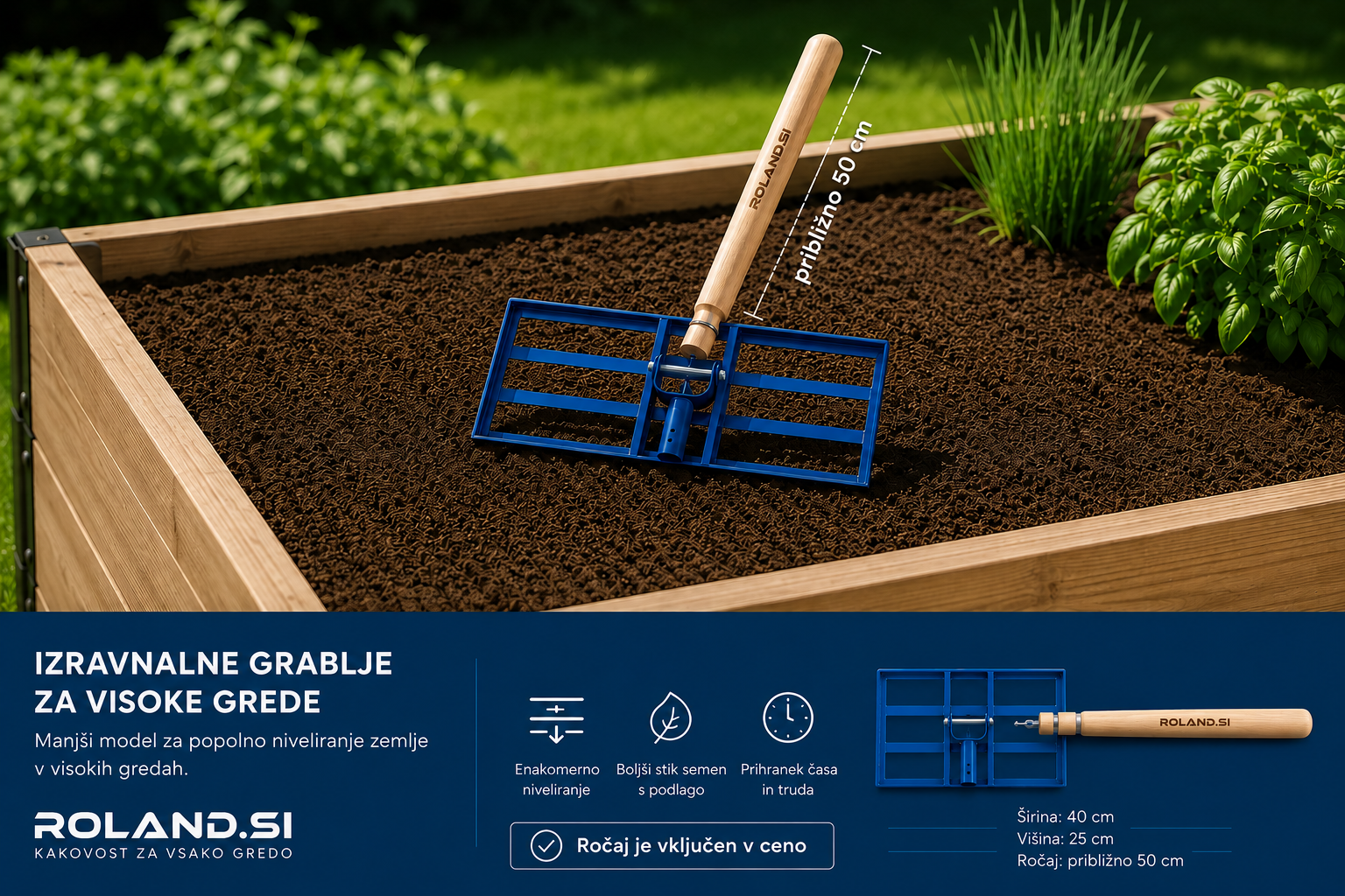 izravnalne grablje 40 × 25 cm, izravnalne grablje Roland, izravnalne grablje za visoke grede, izravnalne grablje za rastlinjak, grablje za visoke grede, grablje za rastlinjak, grablje za izravnavanje zemlje, grablje za ravnanje zemlje, grablje za gredice, grablje za pripravo gredic, grablje za substrat, grablje za kompost, grablje za manjše površine, izravnalne grablje z lesenim držalom, male izravnalne grablje, vrtne grablje za visoke grede, orodje za visoke grede, orodje za rastlinjak, ročne izravnalne grablje, lawn leveling rake, small leveling rake, hand leveling rake, garden leveling rake, leveling rake for raised beds, leveling rake for greenhouse, grablje za izravnavanje gredica, grablje za plastenik, grablje za povišene gredice, alat za ravnanje zemlje, vrtno orodje Roland.si