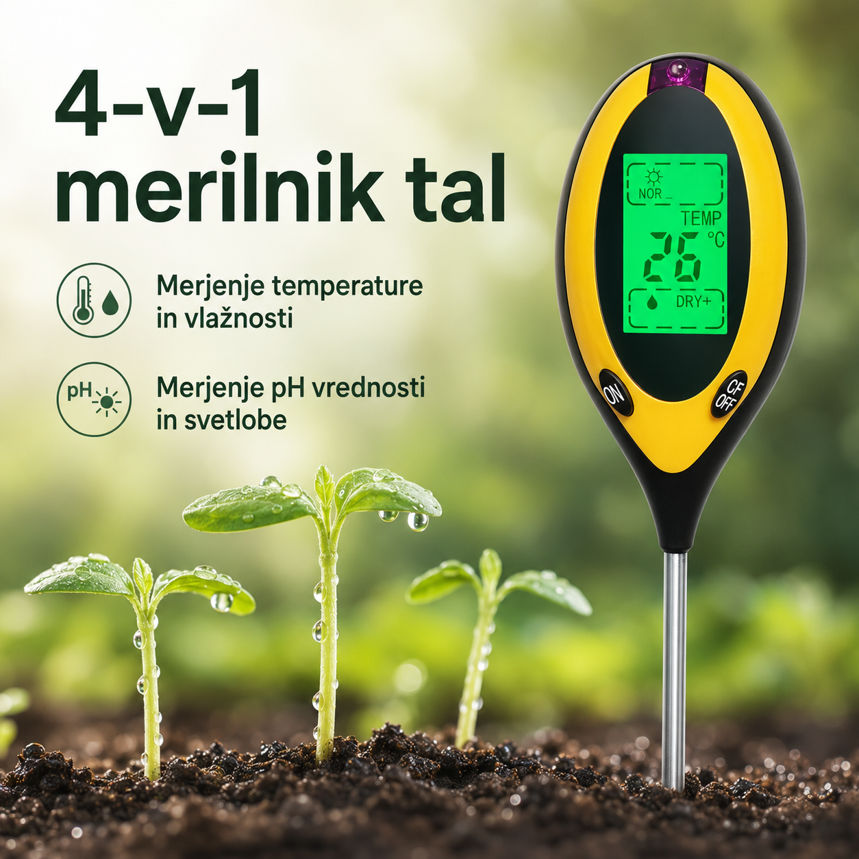 Digitalni pH tester zemlje 4 v 1 za merjenje pH vrednosti prsti, vlage, temperature tal in svetlobe