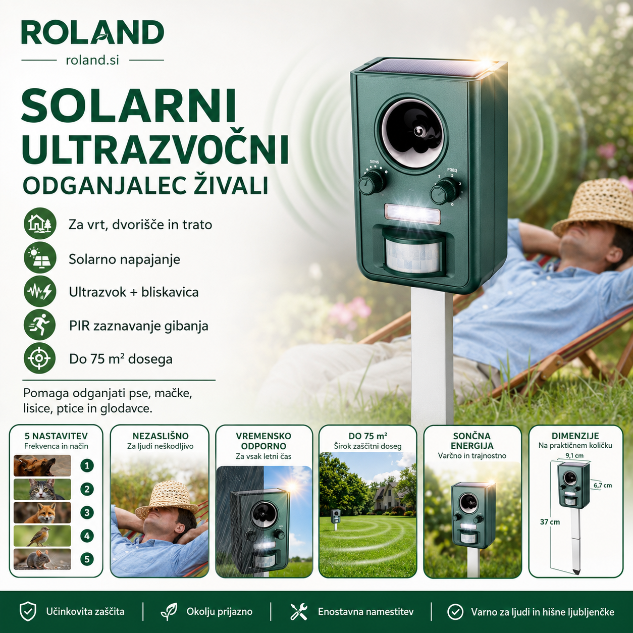 Solarni ultrazvočni odganjalec živali Gardigo s PIR-senzorjem in LED-bliskavico