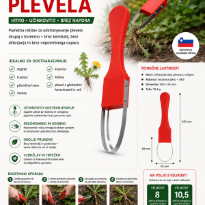 Tehnična slika ročnega odstranjevalca plevela z dimenzijami 240 × 55 mm, dolžino zanke 69 mm in težo 32,4 g