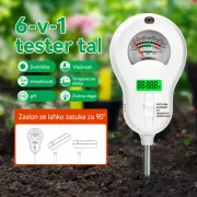 Digitalni tester zemlje 6 v 1 ti pokaže pH, vlažnost in plodnost zemlje ter svetlobno jakost, temperaturo in zračno vlago. Primeren je za vrt, rastlinjak, trato, visoke grede, sadike in lončnice. Osvetljen zaslon in dve snemljivi sondi omogočata preprosto vsakodnevno uporabo.