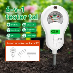 Digitalni tester zemlje 6 v 1 ti pokaže pH, vlažnost in plodnost zemlje ter svetlobno jakost, temperaturo in zračno vlago. Primeren je za vrt, rastlinjak, trato, visoke grede, sadike in lončnice. Osvetljen zaslon in dve snemljivi sondi omogočata preprosto vsakodnevno uporabo.