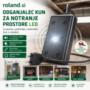 Detajl notranjega LED odganjalca kun Gardigo z LED bliskavico. Svetlobni bliski delujejo kot dodatna vizualna motnja, skupaj z visokofrekvenčnim zvokom pa pomagajo zmanjšati zadrževanje kun v notranjih prostorih.