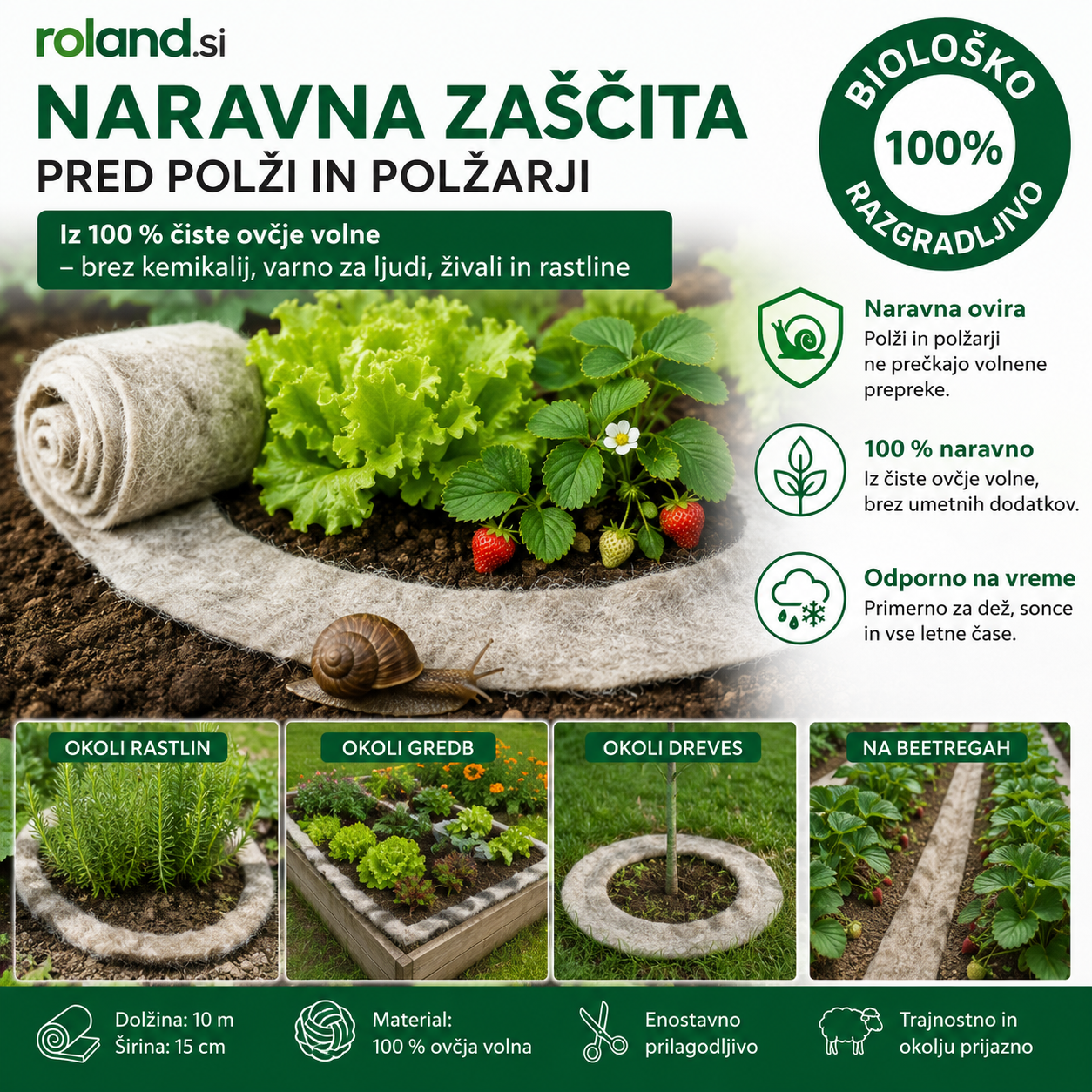 naravna zaščita pred polži volna proti polžem zaščita gredic pred polži ovčja volna za vrt biološko razgradljiva zaščita pred polži zaščita jagod pred polži zaščita solate pred polži