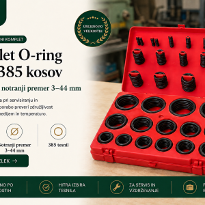 Pregledno razporejen komplet 385 črnih O-ring tesnil v 30 različnih velikostih.
