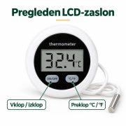 Digitalni termometer s sondo ter podatki o premeru 55 mm, debelini 20 mm in dolžini kabla 1 m.